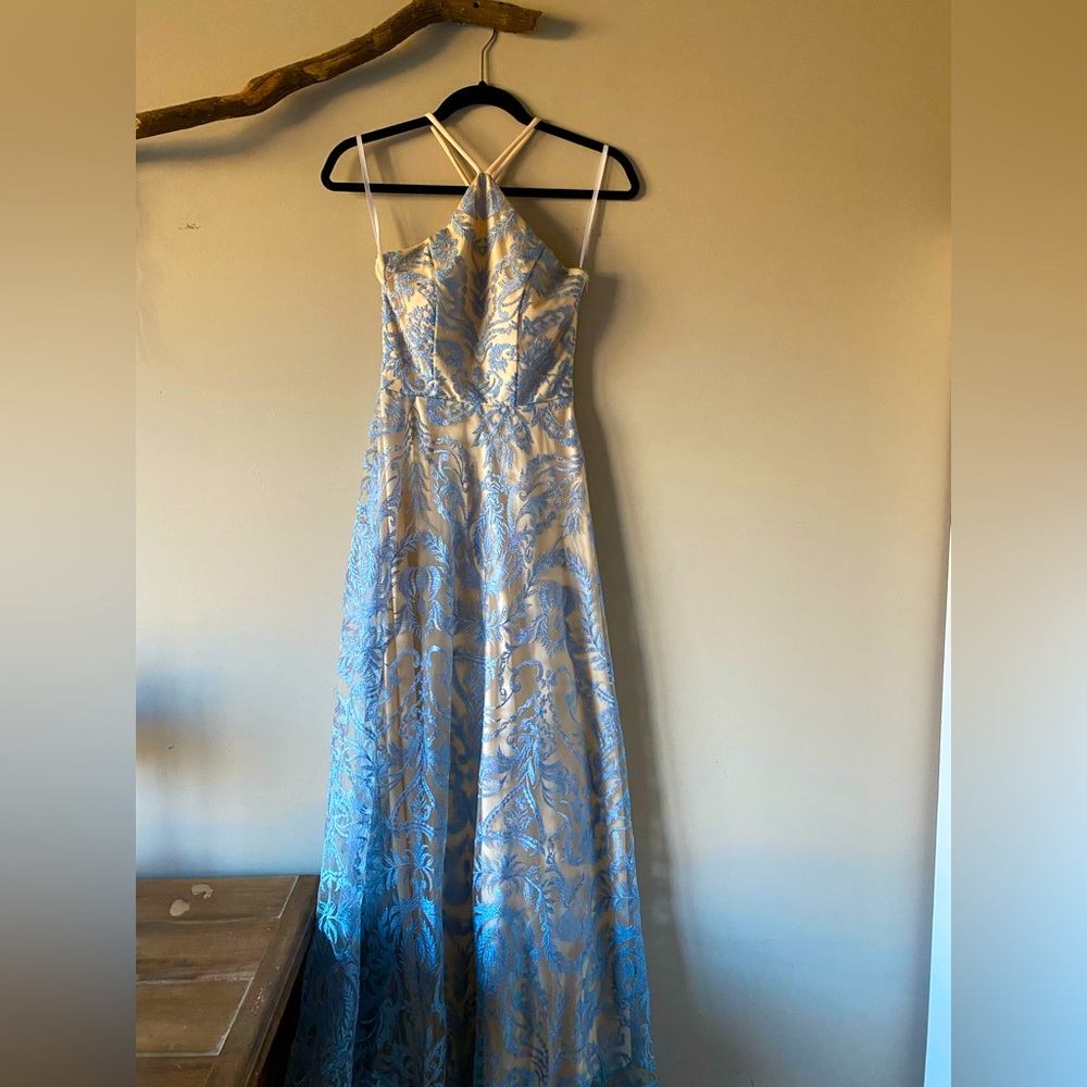 Gorgeous blue and and crème prom dress